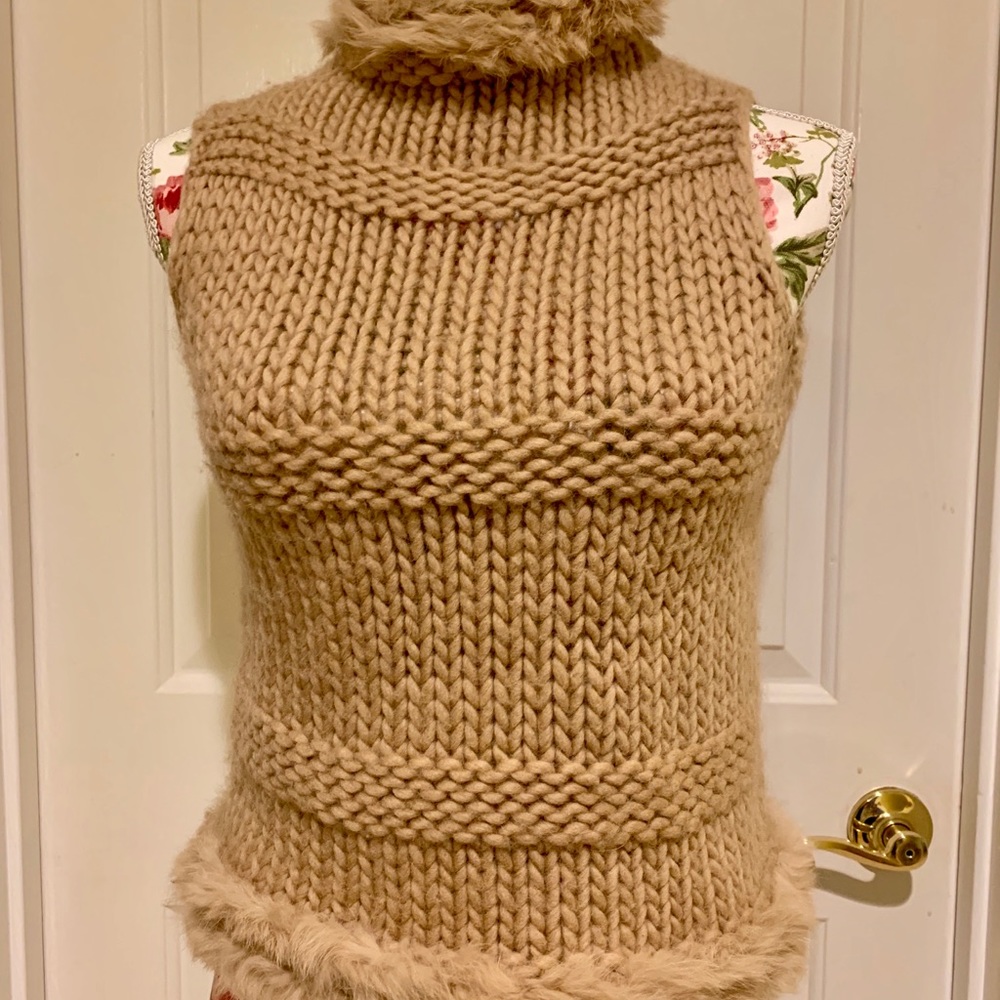 Love Sex Money tan wool sweater with fur trim XS